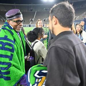 Award-winning actor Keith David chats with students following a reading of a portion of the ancient Greek tragedy ‘The Suppliants’ in Notre Dame Stadium.